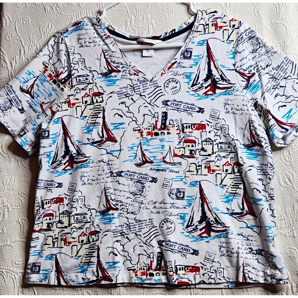 CJ Banks Women's XL Nautical Sailboat Graphic V-Neck Short Sleeve T-Shirt